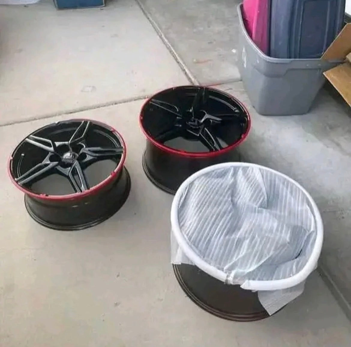 wheels gloss black and torch red custom trim.